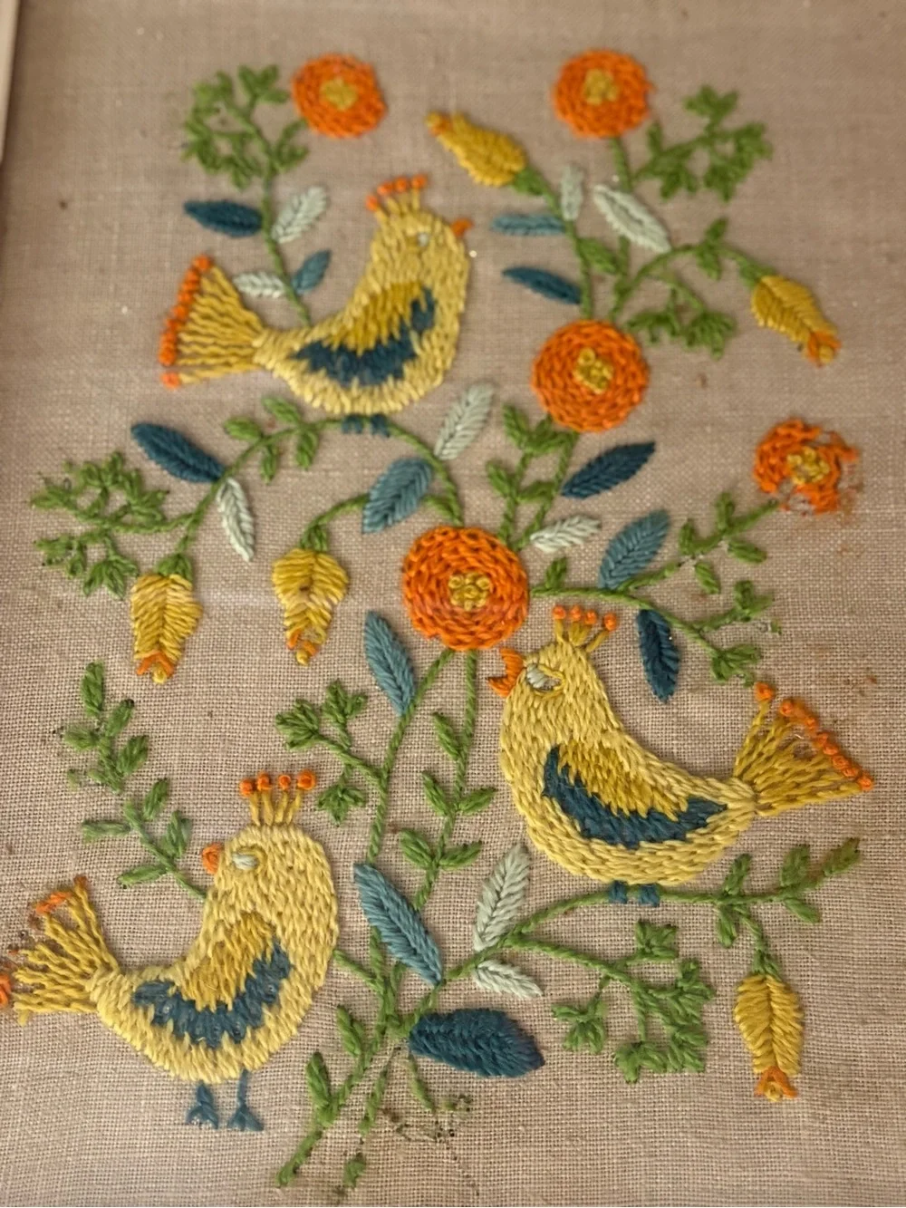 Vintage 70s Hand-Embroidered Yellow Bird Wall Art Pair Folk Art